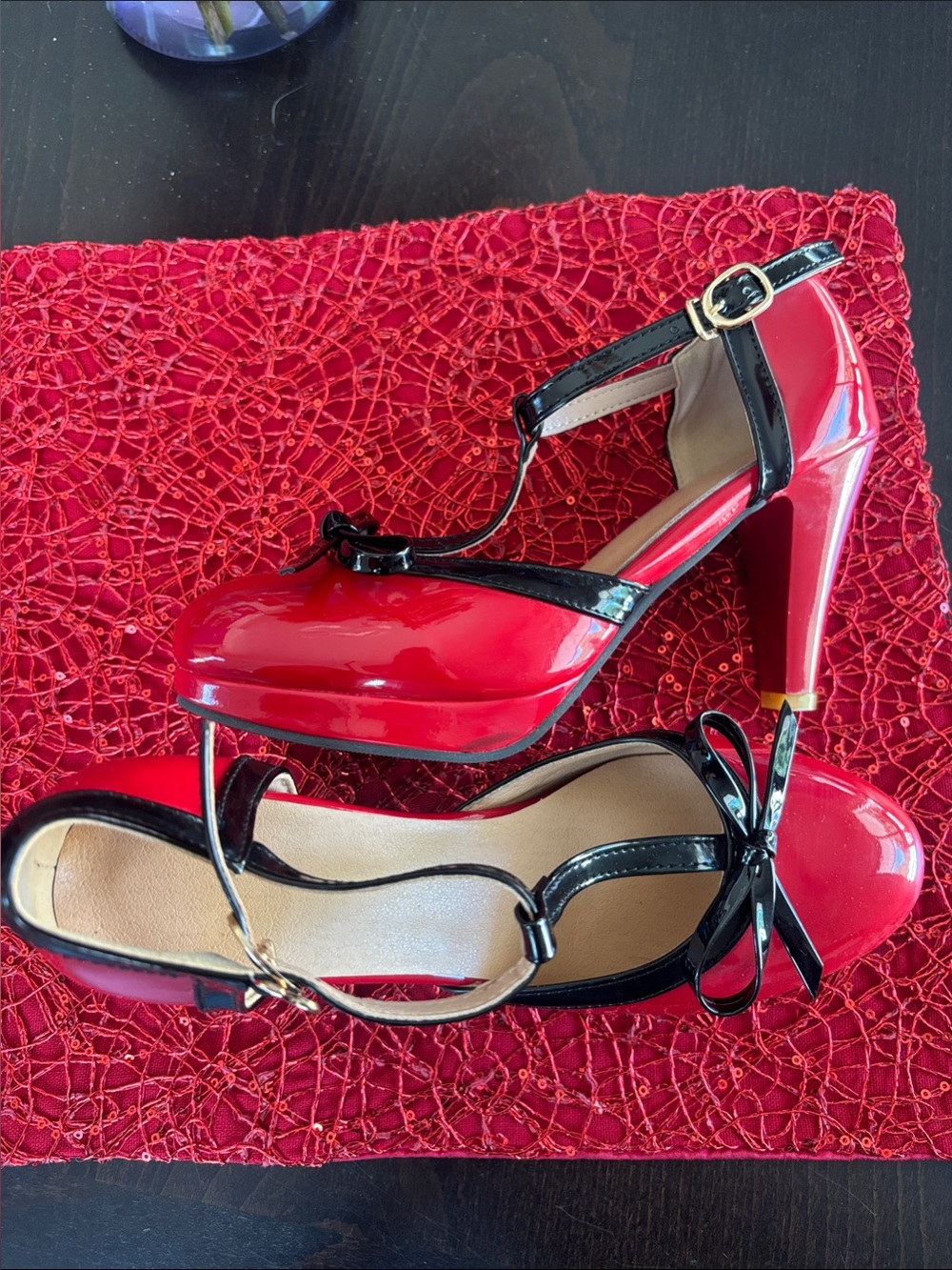 Red Patent T-Strap Heels with Black Trim - Women's Dress Pumps